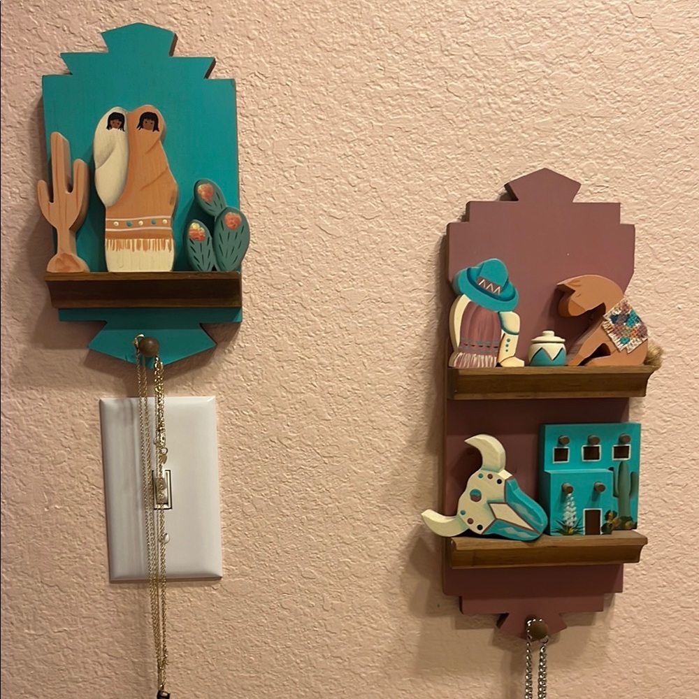 Handcrafted Southwest Style Turquoise & Mauve Mini Shelves With Figures